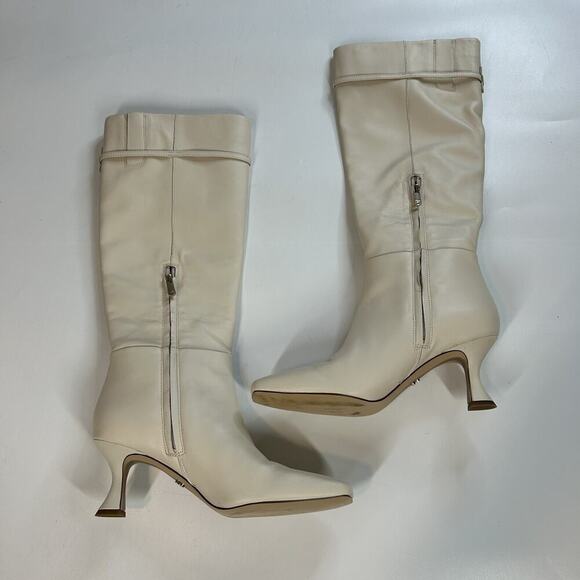 Sam Edelman Lyla Ivory Leather Boots 8.5 Kitten Heels Knee High Zip - Picture 4 of 7